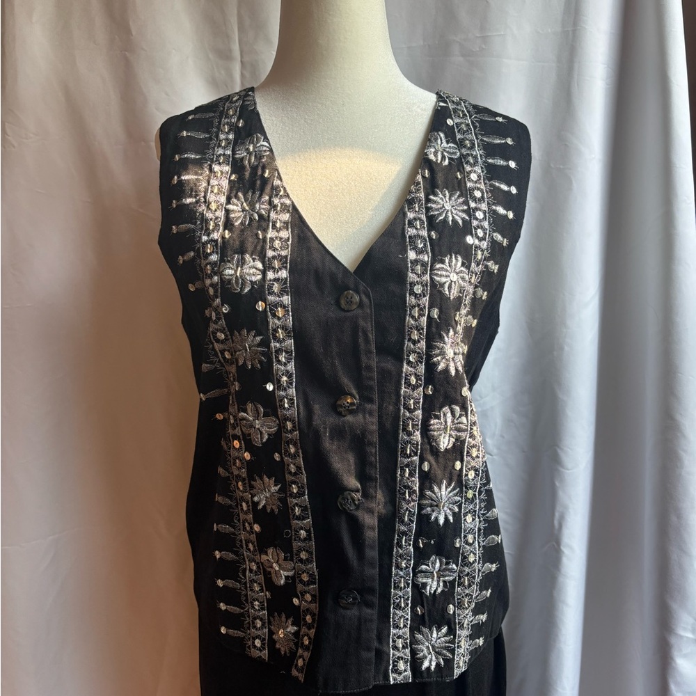 Silver Embroidered Black Vest